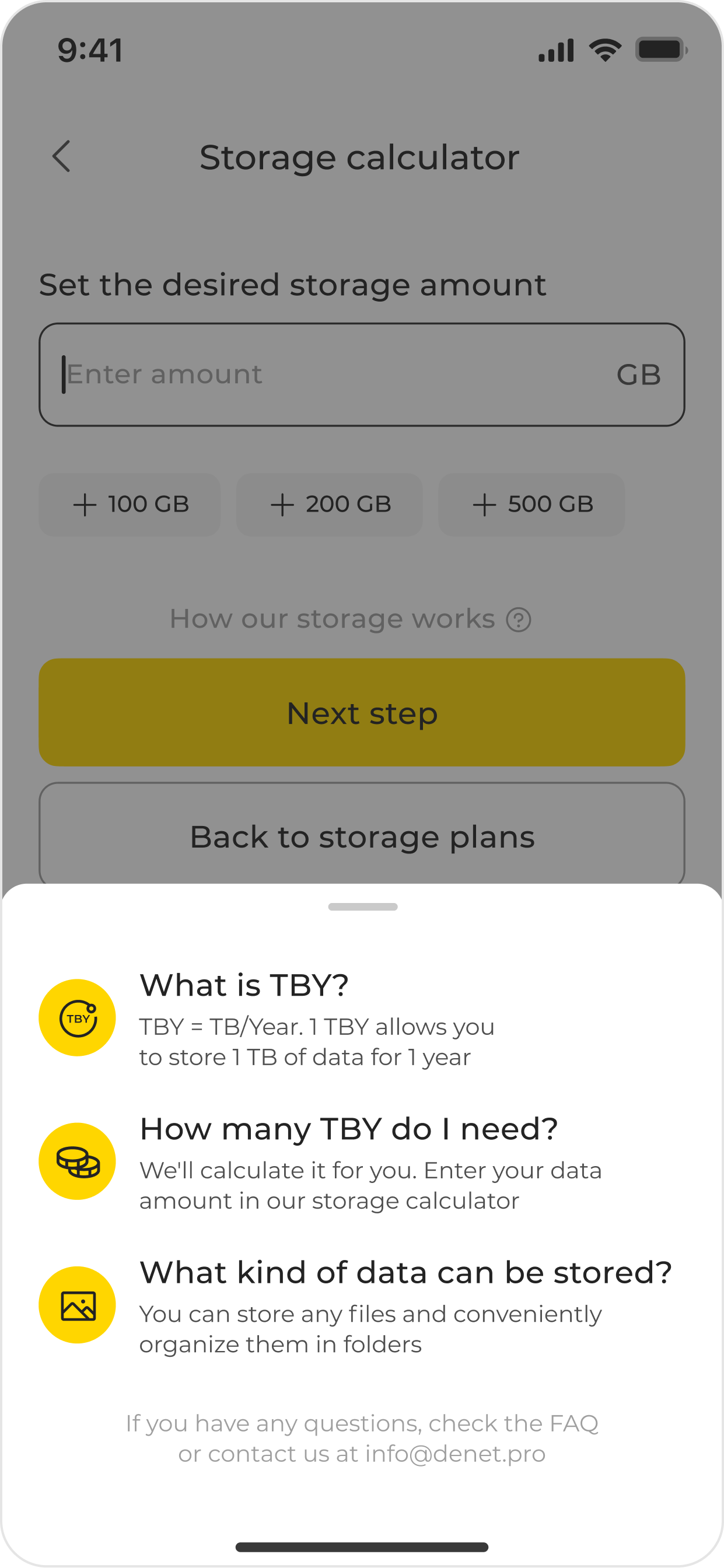 Storage calculator screen